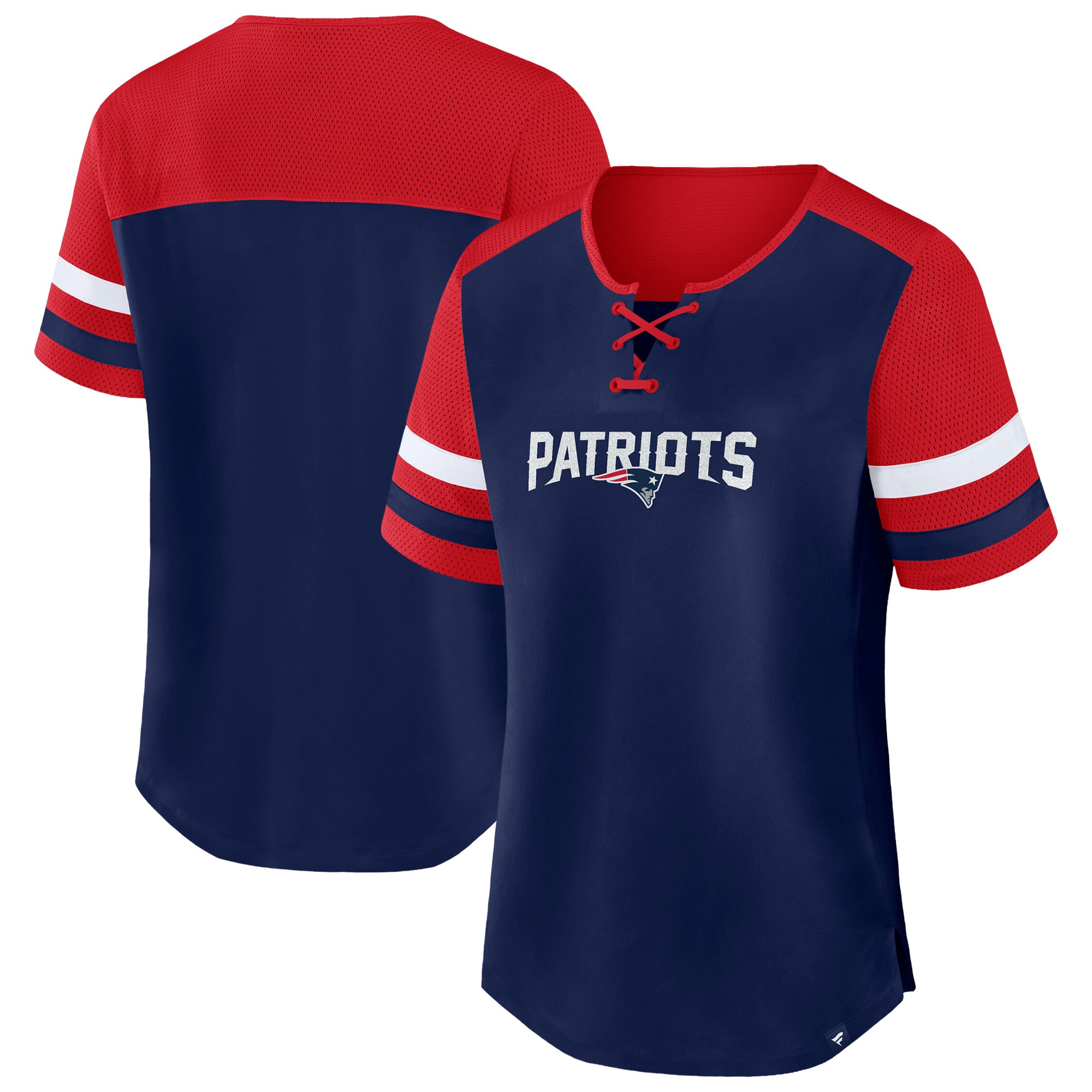 Women's Fanatics Navy/Red New England Patriots Plus Size Throwback Curl Route Lace-Up T-Shirt